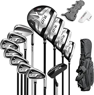 PGM Men's Complete Golf Club Sets - 12 Pieces - 3 Wood (#1,3,5), 1 Hybrid (#4H), 6 Irons(#5,6,7,8,9,PW), 1 Sand Wedge (52°), 1 Putter - Golf Stand Bag - Titanium Club Head, Graptlite Shaft