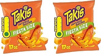 Takis Intense Nacho 17 oz Fiesta Size Bag, Cheese Flavored Non-Spicy Cheesy Rolled Tortilla Chips (Pack of 2)