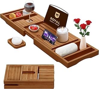 ROYAL CRAFT WOODNon-Foldable Bathtub Tray - Wood Bath Tray for Tub, Bamboo Bathtub Shelf, Expandable Bath Table Trays, Luxury Bathroom Accessories for New Home & Unique Gift for Women
