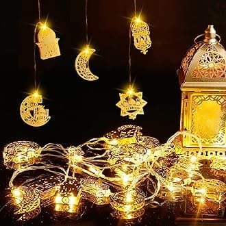 Ramadan Eid String Light- 9.8ft 20LEDs Eid Star Moon Kerosene Lantern Lamp Battery Operated Mubarak Islam Decorative Indoor Hexagram Lights for Muslim Islamic Home Garden Patio Decoration Supplies