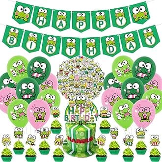 Keroppi Birthday Party Decorations, 83pcs Keroppi Frog Supplies with banner, Cupcake Toppers, Balloons and Stickers for Big-Eyed Frog Theme Fans Birthday Shower Party
