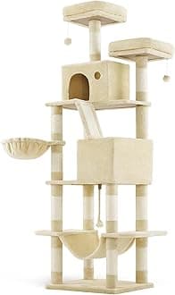 Feandrea Cat Tree, 206 cm Large Cat Tower Condo with 13 Scratching Posts, 1 Scratching Ramp, 2 Perches, 2 Caves, Basket, Hammock, Pompoms, Beige PCT190M01V1